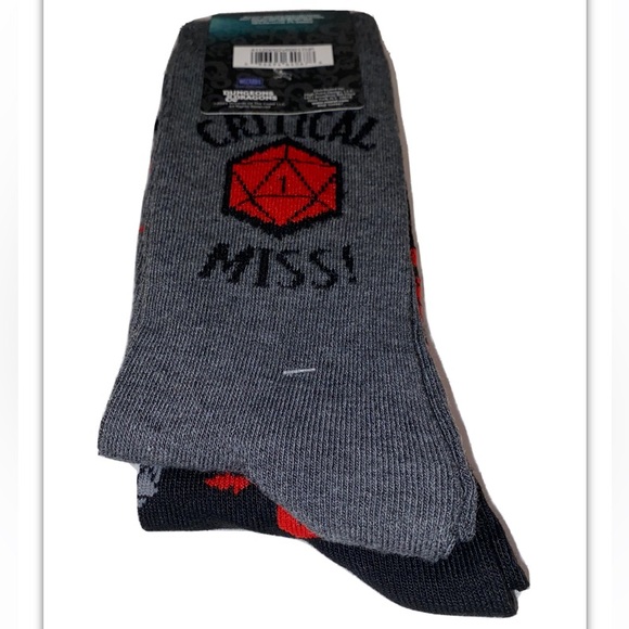 Dungeons & Dragons Crew Socks 2 Pair Men 6.5-12 Black Gray Red D&D Critical Miss - Picture 8 of 9